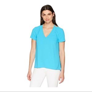 TRINA TURK Floramina Open Shoulder V-Neck Short Sleeve Top XS Turquoise Blue NWT